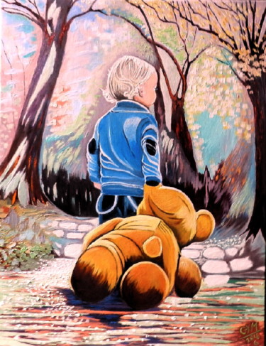 Painting titled "Enfant à l'ourson" by Gym, Original Artwork, Oil