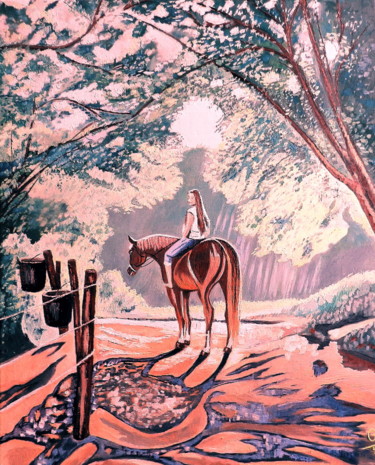 Peinture intitulée "Cavalière en forêt…" par Gym, Œuvre d'art originale, Huile