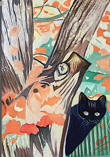 Peinture intitulée "Un chat noir" par Gym, Œuvre d'art originale, Huile