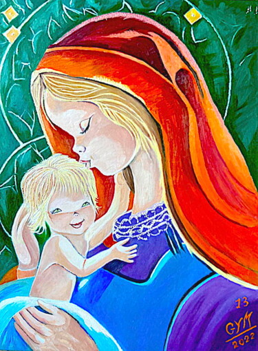 Peinture intitulée "Vierge et enfant d'…" par Gym, Œuvre d'art originale, Huile