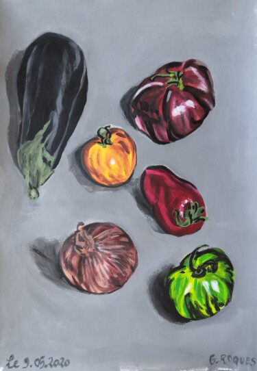 Painting titled "AUBERGINE TOMATES O…" by Georges Roques, Original Artwork, Acrylic