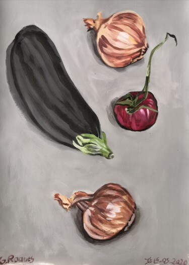 Schilderij getiteld "Aubergine, tomate,…" door Georges Roques, Origineel Kunstwerk, Acryl