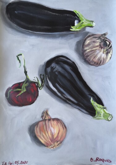 Painting titled "TOMATES, AUBERGINES…" by Georges Roques, Original Artwork, Acrylic