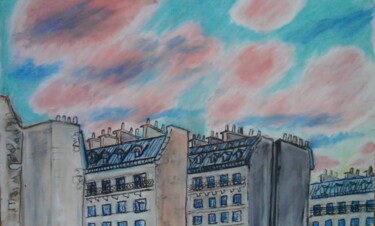 Dessin intitulée "Nuages et toits par…" par Georges Roques, Œuvre d'art originale, Pastel