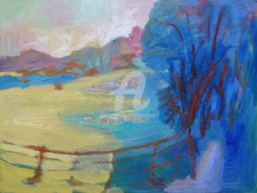 Painting titled "Sheep by the River,…" by Georgina Rey, Original Artwork