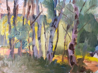 Painting titled "Backlit Birches, Ha…" by Georgina Rey, Original Artwork, Oil