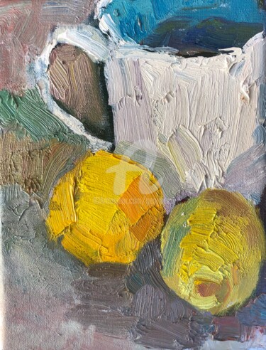 Schilderij getiteld "Lemons and turquois…" door Georgina Rey, Origineel Kunstwerk, Olie