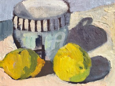 Painting titled "Cup and lemons 1" by Georgina Rey, Original Art, Oil Mounted on Wood Panel