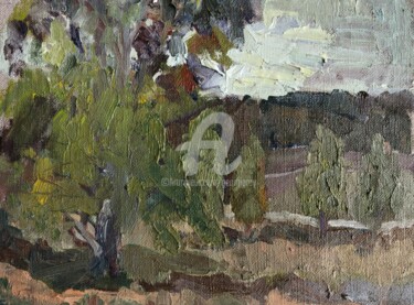 Painting titled "Prairie and Birches" by Georgina Rey, Original Artwork, Oil
