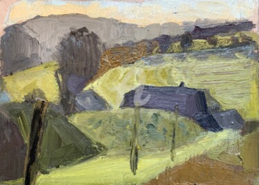 Malerei mit dem Titel "Farm and Hills" von Georgina Rey, Original-Kunstwerk, Öl