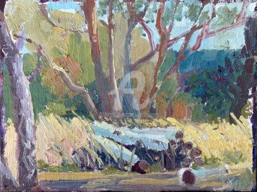 Painting titled "Log Pile of Silver…" by Georgina Rey, Original Artwork, Oil Mounted on Wood Panel