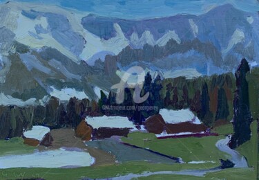 Malerei mit dem Titel "Mountain Huts under…" von Georgina Rey, Original-Kunstwerk, Öl