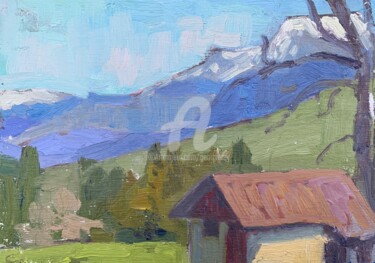 Painting titled "Hut in the Mountains" by Georgina Rey, Original Artwork, Oil