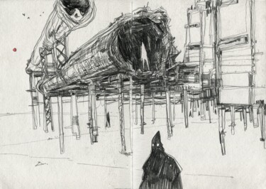 Zeichnungen mit dem Titel "VSEGDA NA POSTU" von Georgy Stork, Original-Kunstwerk, Bleistift Auf Holzplatte montiert