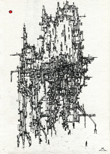 Tekening getiteld "STANTSIIA I" door Georgy Stork, Origineel Kunstwerk, Balpen Gemonteerd op Houten paneel