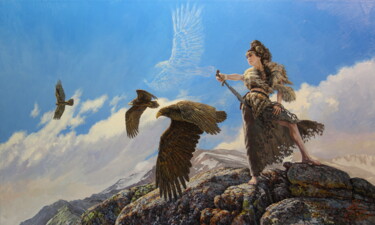 Peinture intitulée "lady of the birds" par Georgii Ineshin (Georgy Ineshin Gotcha), Œuvre d'art originale, Huile