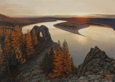 Peinture intitulée "Sunset river Lena" par Georgii Ineshin (Georgy Ineshin Gotcha), Œuvre d'art originale, Huile Monté sur C…
