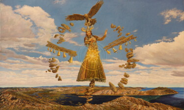 Malerei mit dem Titel "Pagan sun" von Georgii Ineshin (Georgy Ineshin Gotcha), Original-Kunstwerk, Öl Auf Keilrahmen aus Hol…