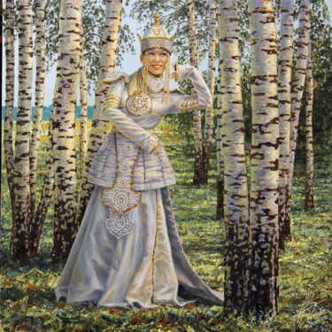 Painting titled "Birch Girl (Tuvan f…" by Georgii Ineshin (Georgy Ineshin Gotcha), Original Artwork, Oil Mounted on Wood Str…