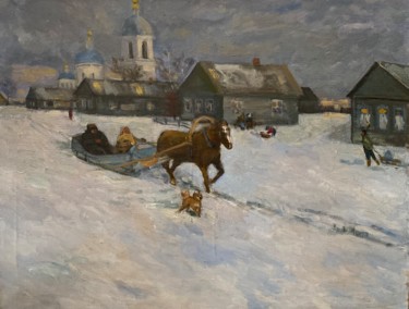 Malerei mit dem Titel "Village in winter" von Oleg Vasiliev, Original-Kunstwerk, Öl