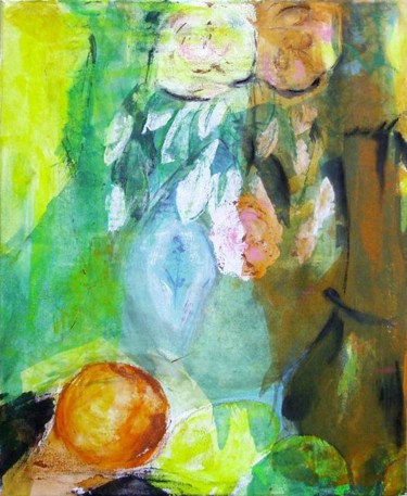 Peinture intitulée "Vase bleu avec fleu…" par Geral, Œuvre d'art originale