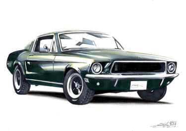 Dibujo titulada "Ford Mustang Bullitt" por Gerald Baes, Obra de arte original, Rotulador