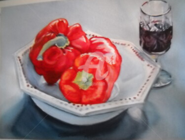 Pintura titulada "Poivrons rouges" por Gérald Janowski, Obra de arte original, Acuarela