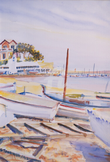 Pintura intitulada "puerto de Sant Feli…" por Gérald Janowski, Obras de arte originais, Aquarela