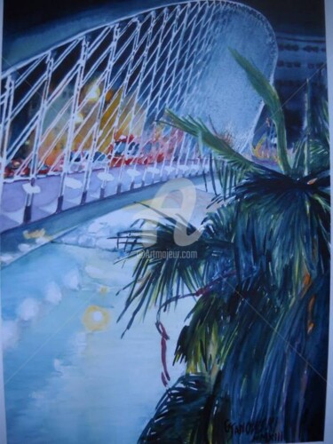 Peinture intitulée "pont nocturne" par Gérald Janowski, Œuvre d'art originale, Aquarelle