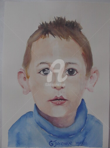 Painting titled "Portrait d'enfant" by Gérald Janowski, Original Artwork, Watercolor