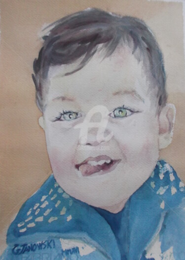 Pintura titulada "portrait d'enfant" por Gérald Janowski, Obra de arte original, Acuarela