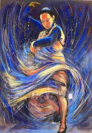 Painting titled "FLAMENCO" by Gérald Sorel, Original Artwork, Pastel Mounted on Wood Stretcher frame