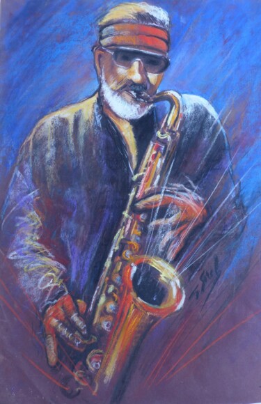 Painting titled "Joueur de Saxo" by Gérald Sorel, Original Artwork, Pastel