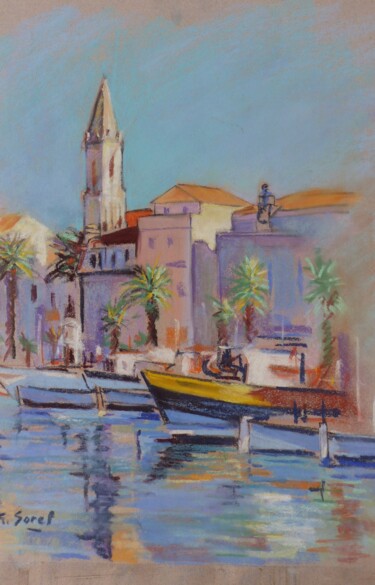 Schilderij getiteld "LE PORT DE SANARY" door Gérald Sorel, Origineel Kunstwerk, Pastel