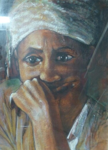 Painting titled "FEMME HUTU DOULEUR" by Gérald Sorel, Original Artwork, Pastel Mounted on Cardboard