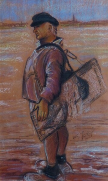 Painting titled "PECHEUR A MAREE BAS…" by Gérald Sorel, Original Artwork, Pastel Mounted on Cardboard