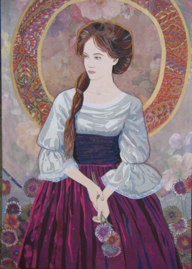 Textilkunst mit dem Titel "Lady with Flowers" von Geraldine Clarkson, Original-Kunstwerk, Stoff