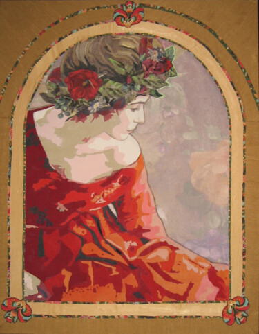 Textile Art με τίτλο "Lady with Garland" από Geraldine Clarkson, Αυθεντικά έργα τέχνης, Ύφασμα