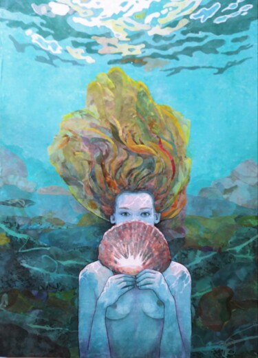 제목이 "La conchilia"인 섬유 예술 Geraldine Clarkson로, 원작, 콜라주 나무 들것 프레임에 장착됨