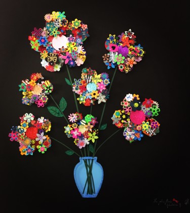 Collages titled "Les jolies fleurs" by Géraldine G., Original Artwork, Collages Mounted on Cardboard