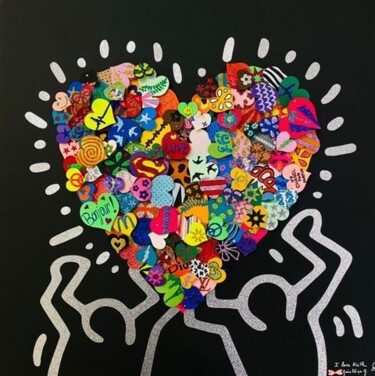Collages getiteld "I LOVE KEITH !" door Géraldine G., Origineel Kunstwerk, Lak Gemonteerd op Houten paneel