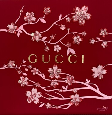 Collages titled "Gucci in bloom" by Géraldine G., Original Artwork, Acrylic Mounted on Wood Panel
