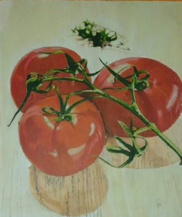 Pintura titulada "Tomates cosechados" por Geraldine Saavedra, Obra de arte original, Lápiz Montado en Bastidor de camilla de…