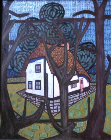Painting titled "Cottage Through Tre…" by Gerald Shepherd F.F.P.S., Original Artwork, Oil
