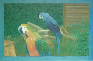 Schilderij getiteld "Parrots" door Gerald Shepherd F.F.P.S., Origineel Kunstwerk, Olie