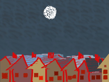 Digital Arts titled "Moon Over Roof Tops" by Gerald Shepherd F.F.P.S., Original Artwork, Digital Painting