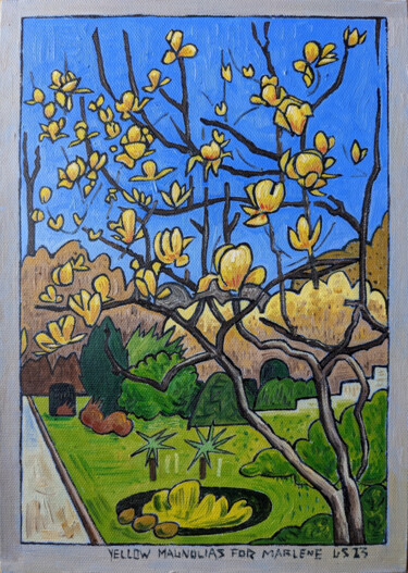 Painting titled "Yellow Magnolias Fo…" by Gerald Shepherd F.F.P.S., Original Artwork, Oil Mounted on Cardboard