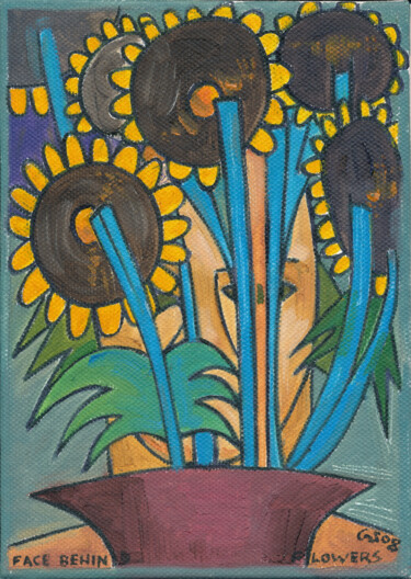 Schilderij getiteld "Face Behind Flowers…" door Gerald Shepherd F.F.P.S., Origineel Kunstwerk, Olie Gemonteerd op Karton