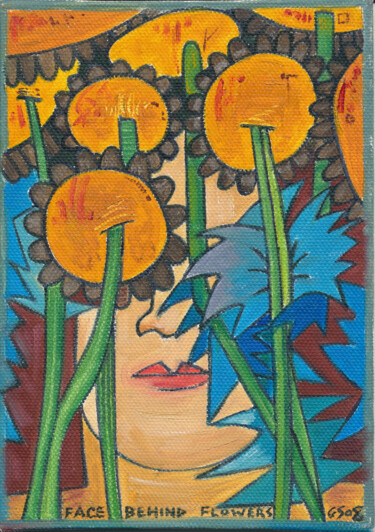 Painting titled "Face Behind Flowers…" by Gerald Shepherd F.F.P.S., Original Artwork, Oil Mounted on Cardboard