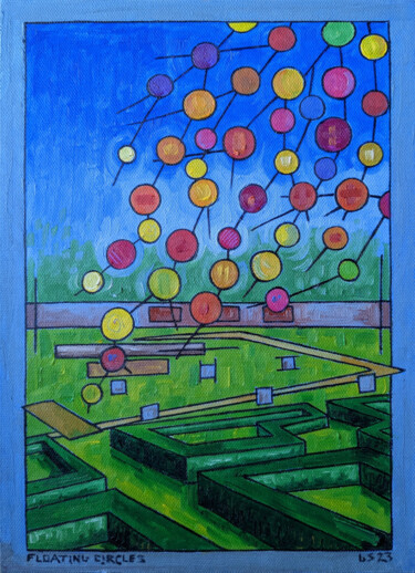 Schilderij getiteld "Floating Circles" door Gerald Shepherd F.F.P.S., Origineel Kunstwerk, Olie Gemonteerd op Karton